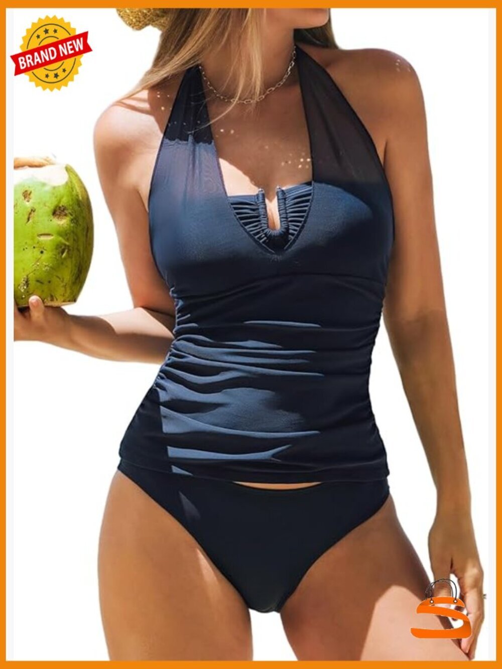 Tankini Set Two Piece Swimsuit Halter Strap U Wire Mesh Mid Rise Ruched Tank Top